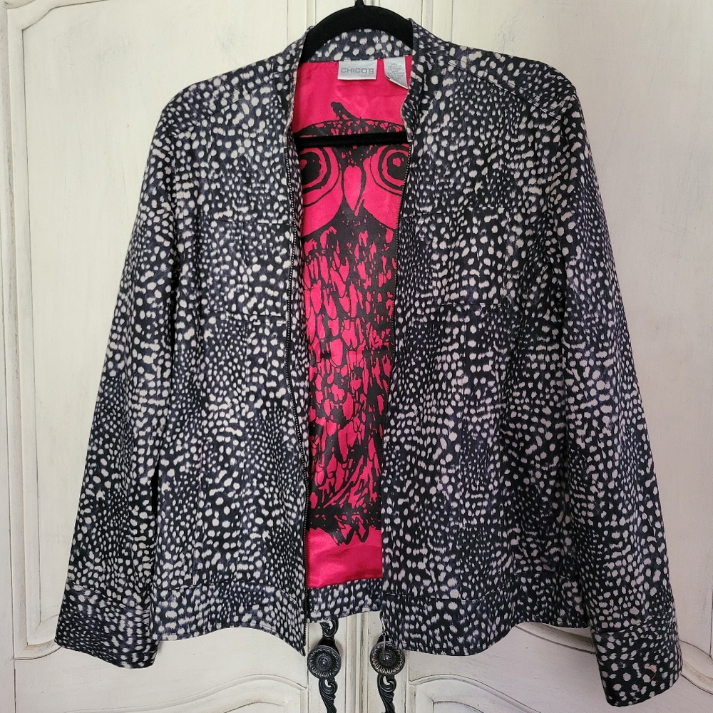 Chico's Sneaking Animal Wise Jacket Graphic Owl Black Red Satin Lined *sz 1 (M)*